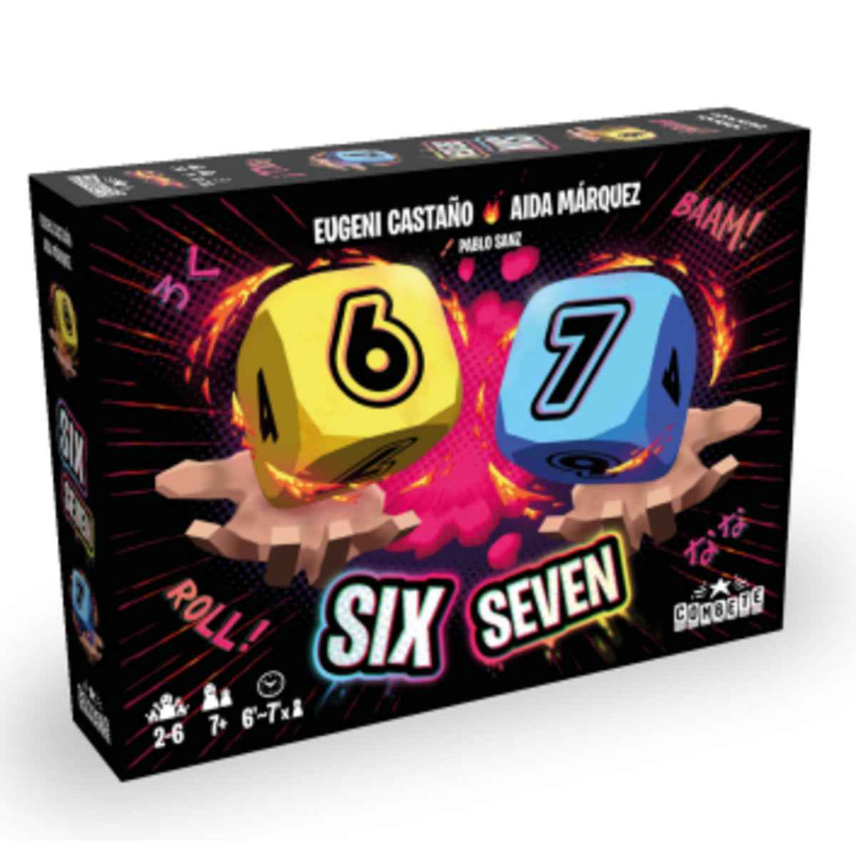 Juego de mesa Six Seven para familia, caja con dados 6 y 7, diseño dinámico rojo y azul