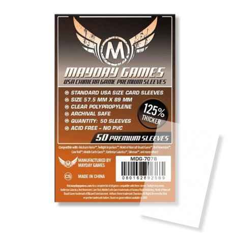 Pack de 50 fundas Mayday Premium USA Chimera 57,5 x 89 mm, polipropileno transparente 125% más grueso para cartas