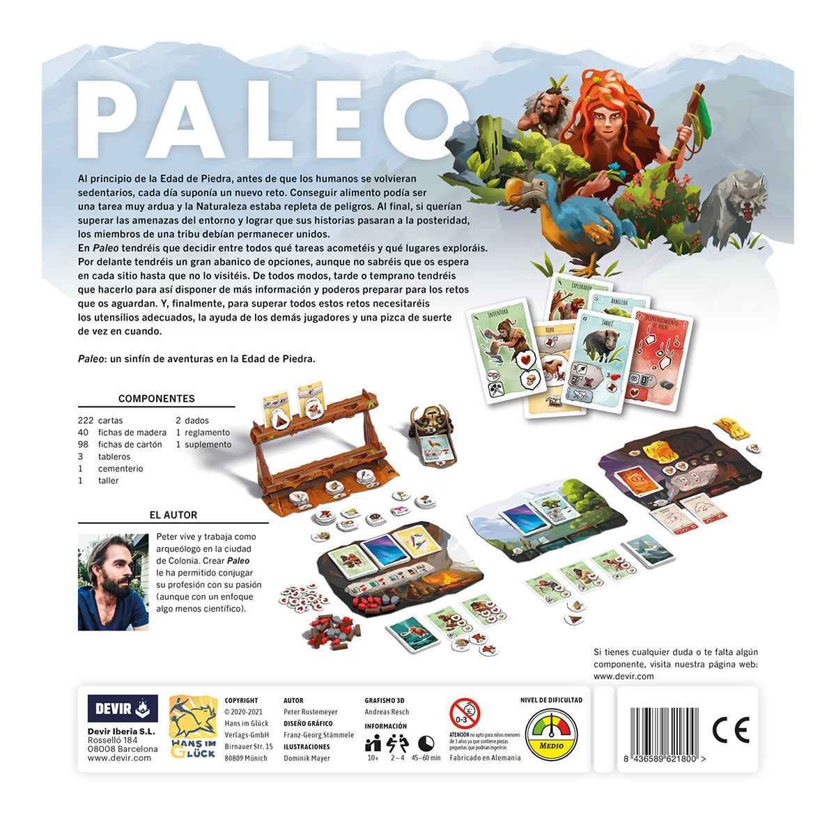Dorso caja juego Paleo lista de componentes y detalles para jugadores de 2 a 4 personas edad 10+