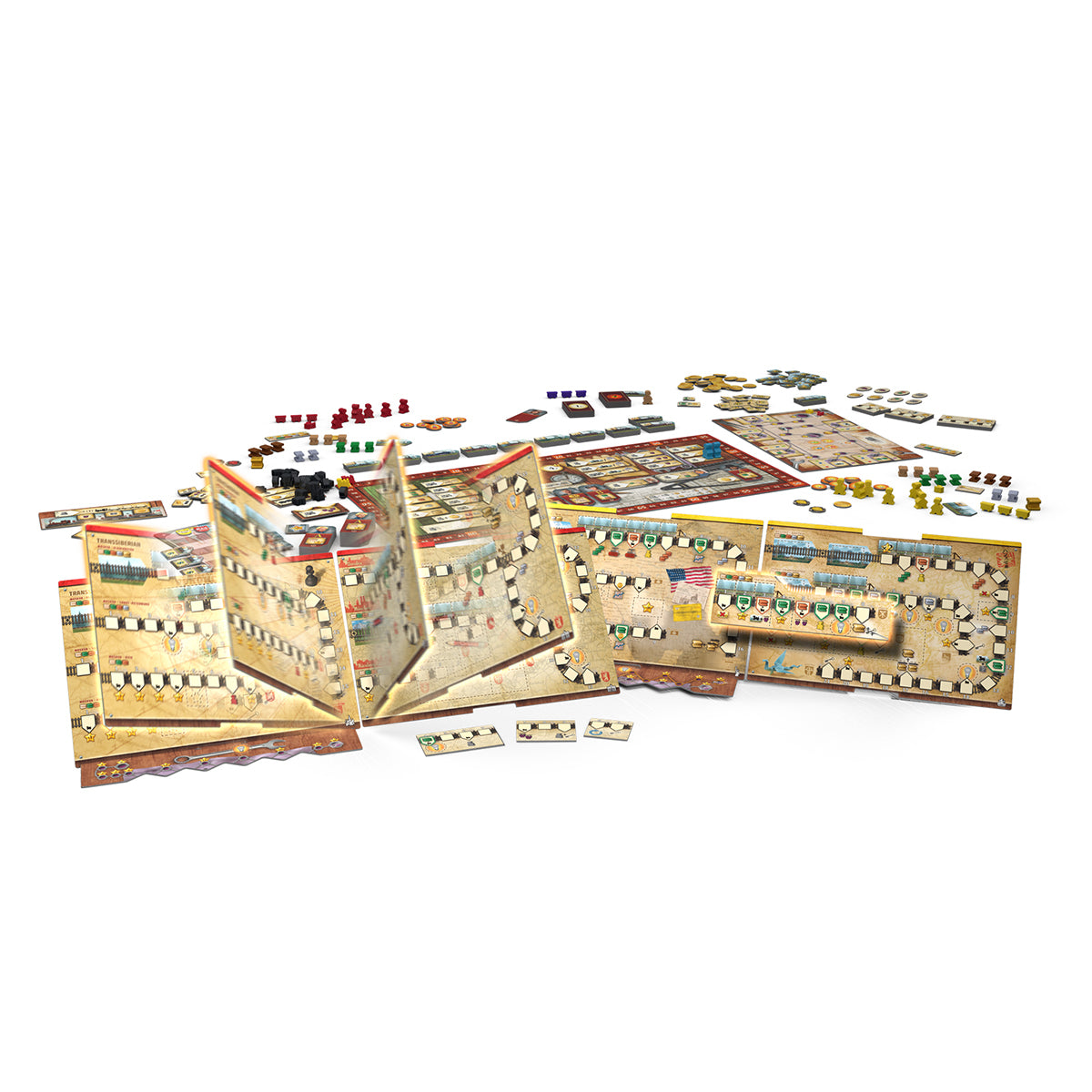 Componentes completos juego de mesa Eurogame Ultimate Railroads tableros vías fichas y monedas