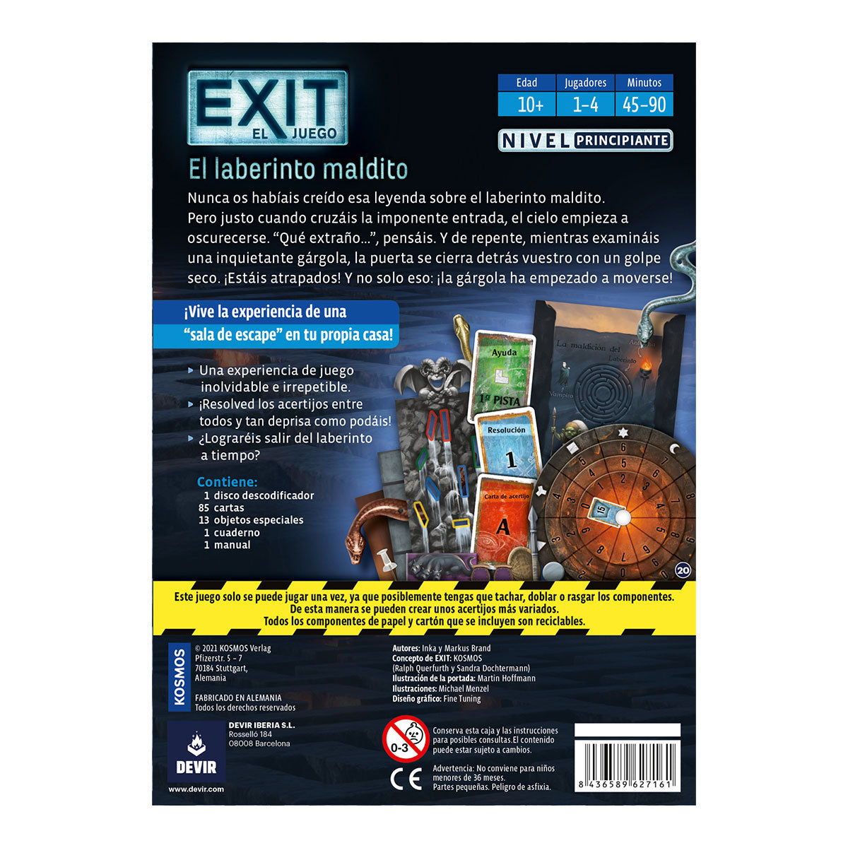 Panel trasero del juego de mesa Exit: El Laberinto Maldito con especificaciones y contenido