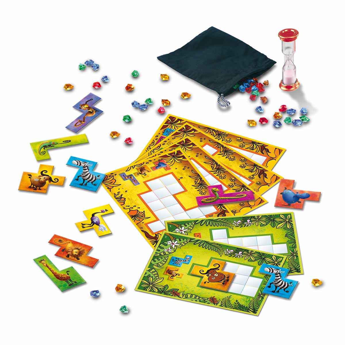 Contenido del juego Ubongo Junior mostrando plantillas, piezas de animales y reloj de arena