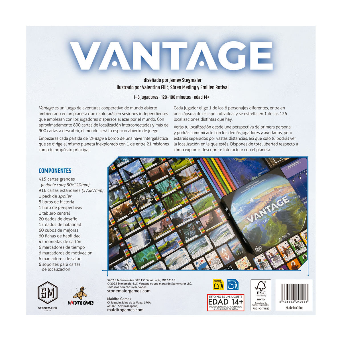 Vantage juego de mesa contraportada lista de componentes y detalles diseño Jamey Stegmaier
