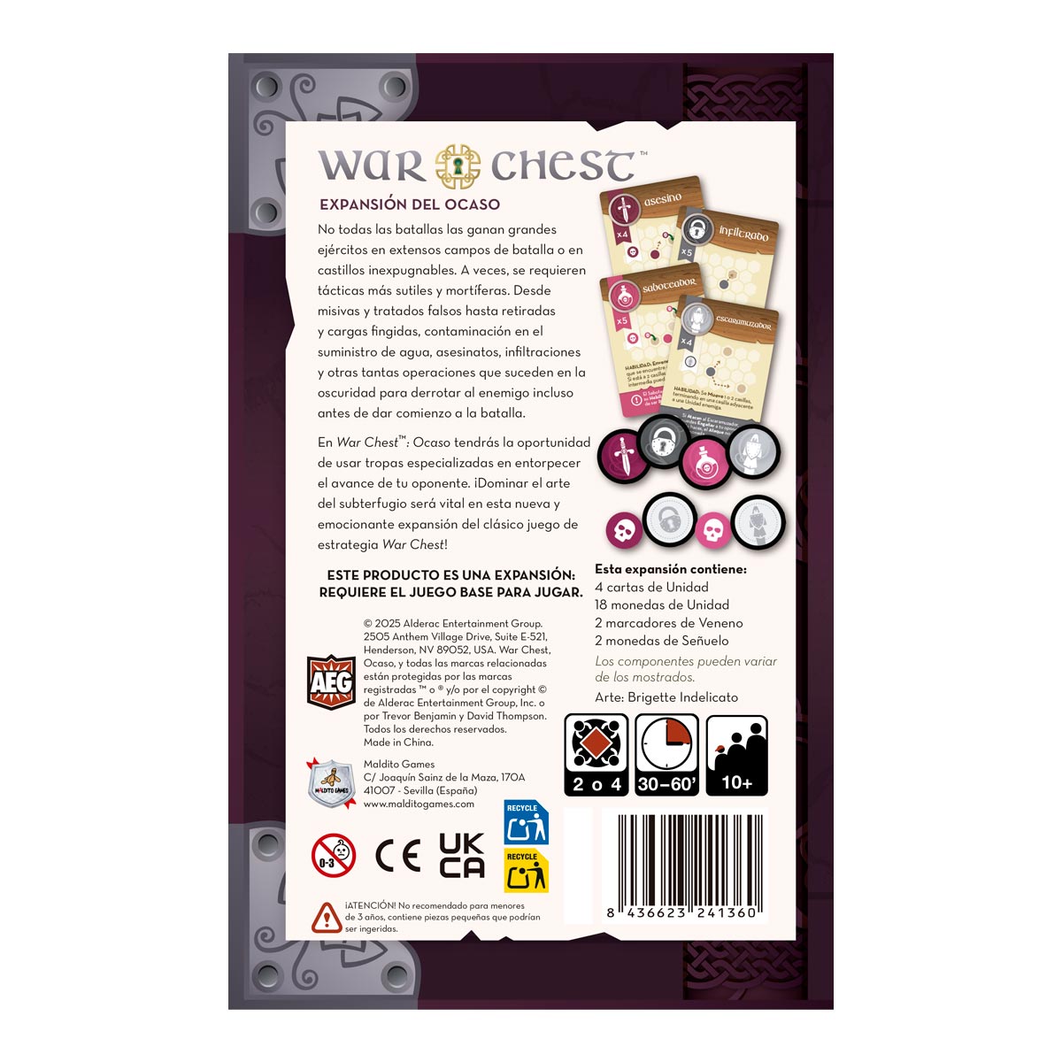 War Chest Ocaso expansión juego de mesa trasera con reglas y símbolos