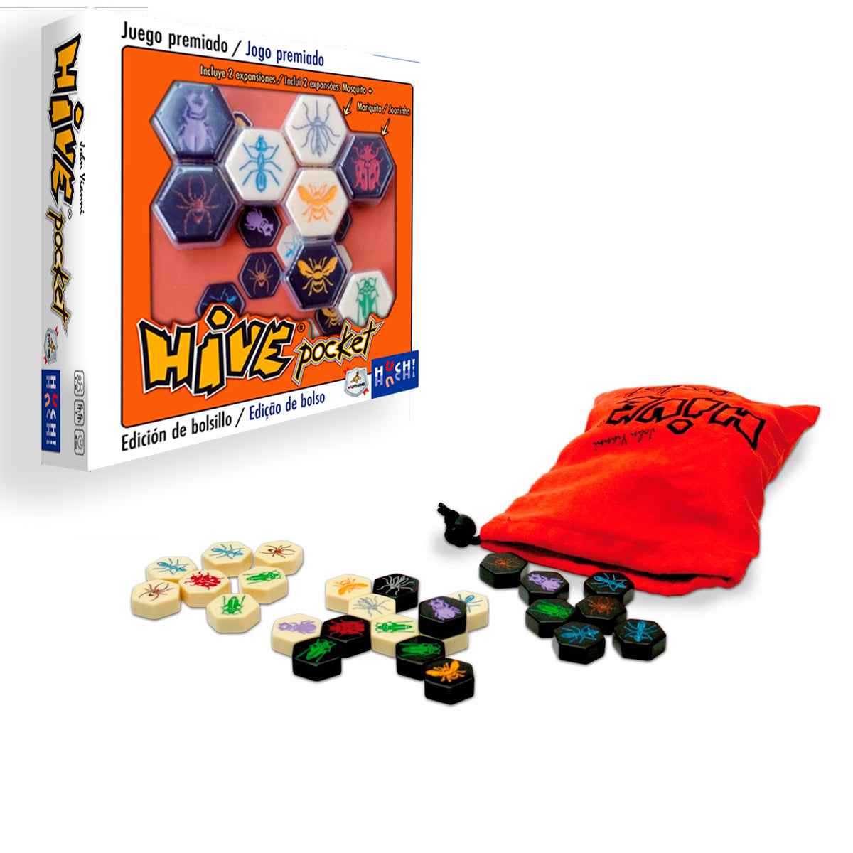 Juego de mesa Hive Pocket edición de bolsillo con piezas hexagonales y expansión Mosquito + Mariquita