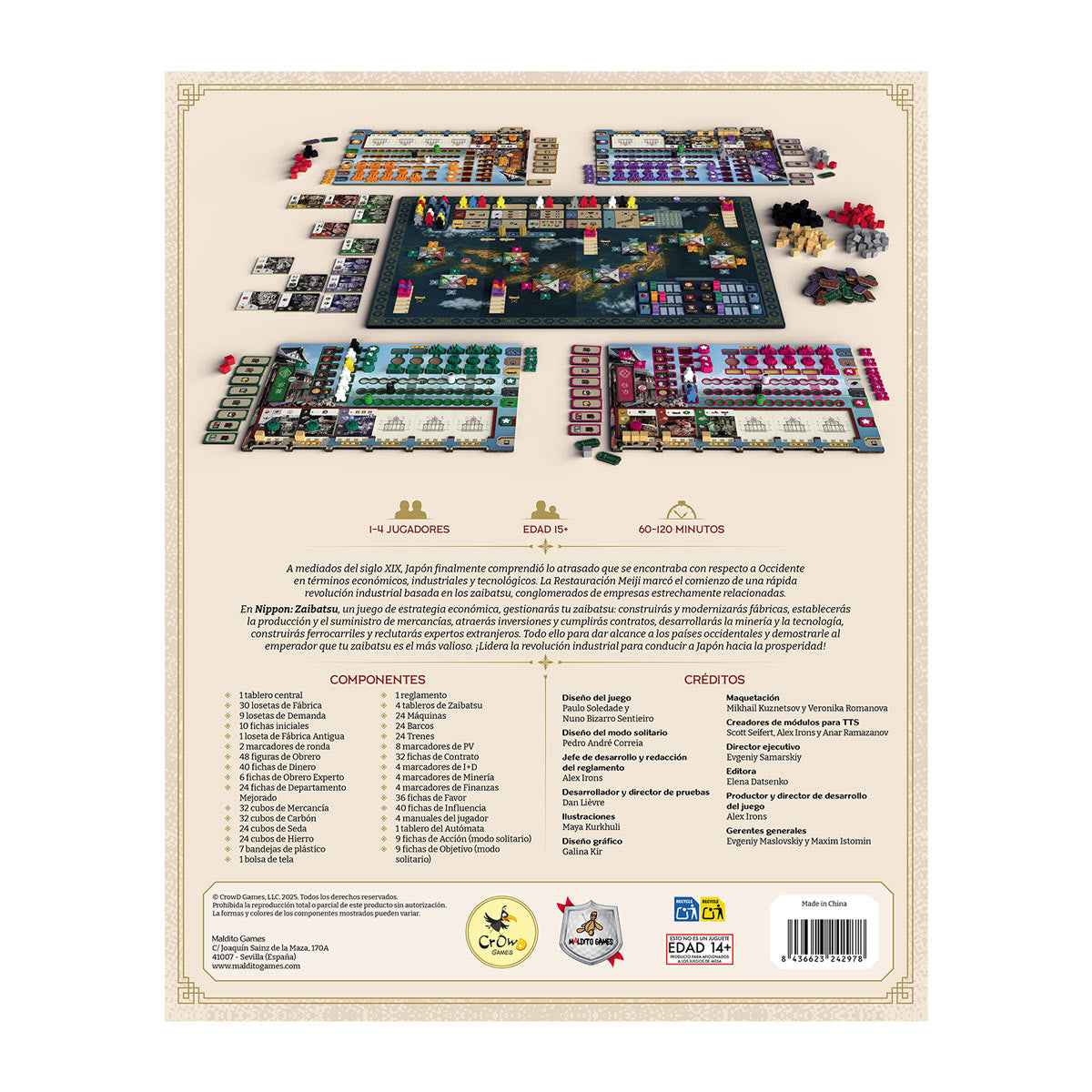 Dorso caja juego estrategia Nippon Zaibatsu mostrando componentes y lista de piezas en español