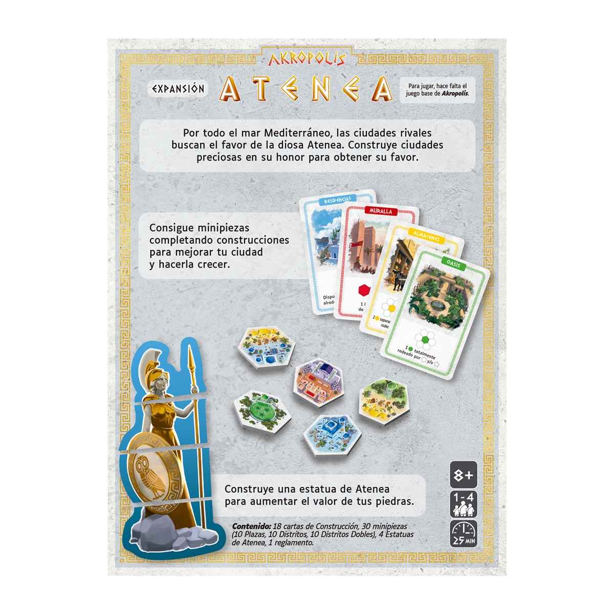 Contenido de la expansión Akropolis: Atenea con 18 cartas, minipiezas y reglas para construir estatuas