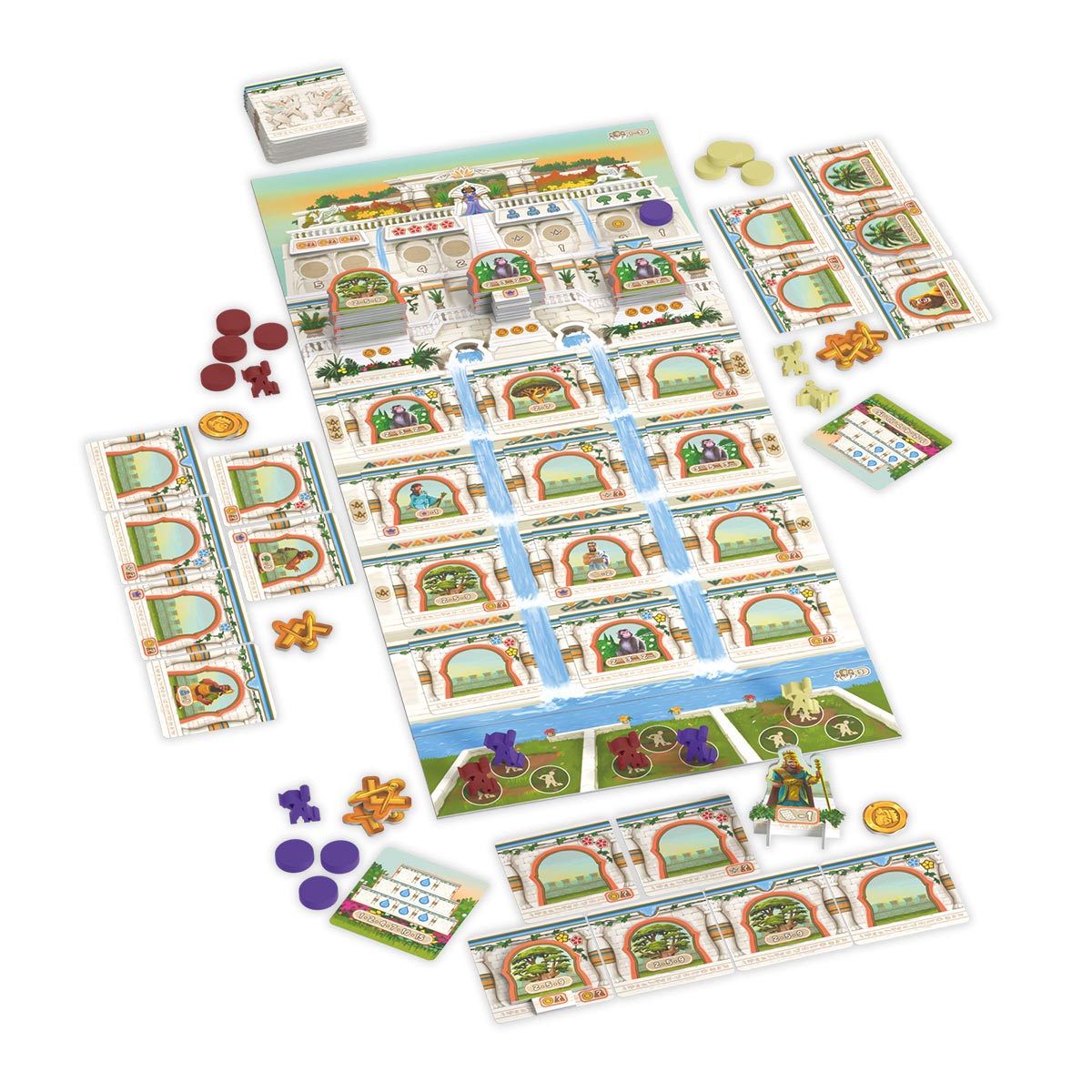 Componentes del juego The Hanging Gardens: tablero, cartas y figuras de jardineros