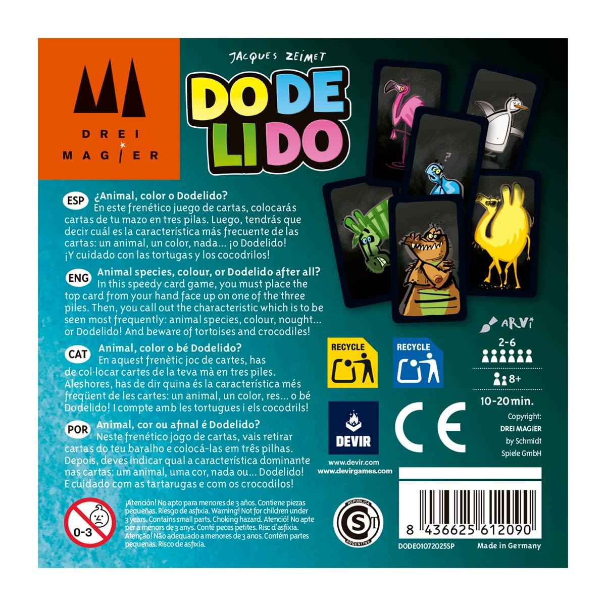 Dorso caja juego Dodelido Devir con cartas de animales y reglas