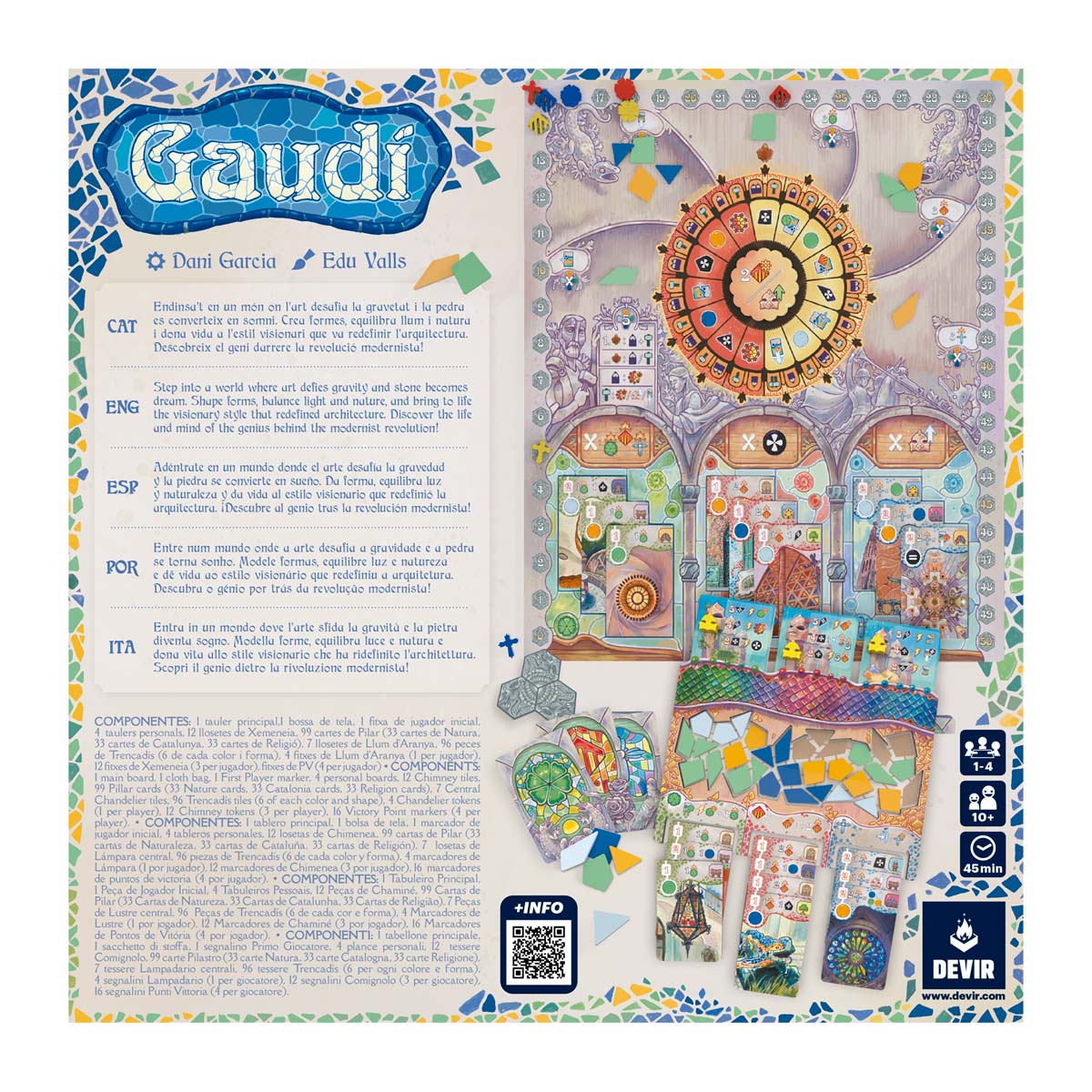 Vista trasera del juego de mesa Gaudí con componentes y reglas para 1-4 jugadores