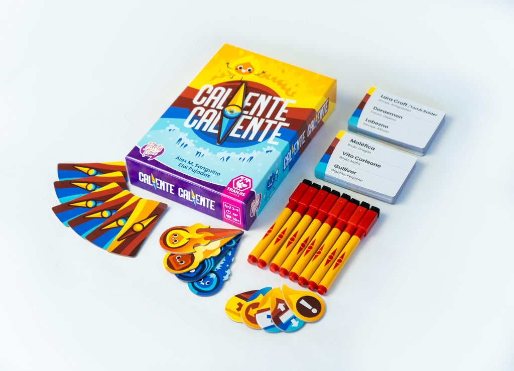 Componentes del juego Caliente Caliente con cartas de personajes y marcadores amarillos