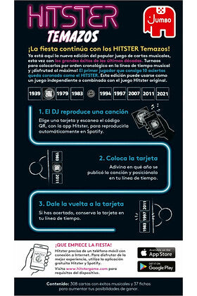 Panel de instrucciones del juego HITSTER Temazos con pasos y línea cronológica