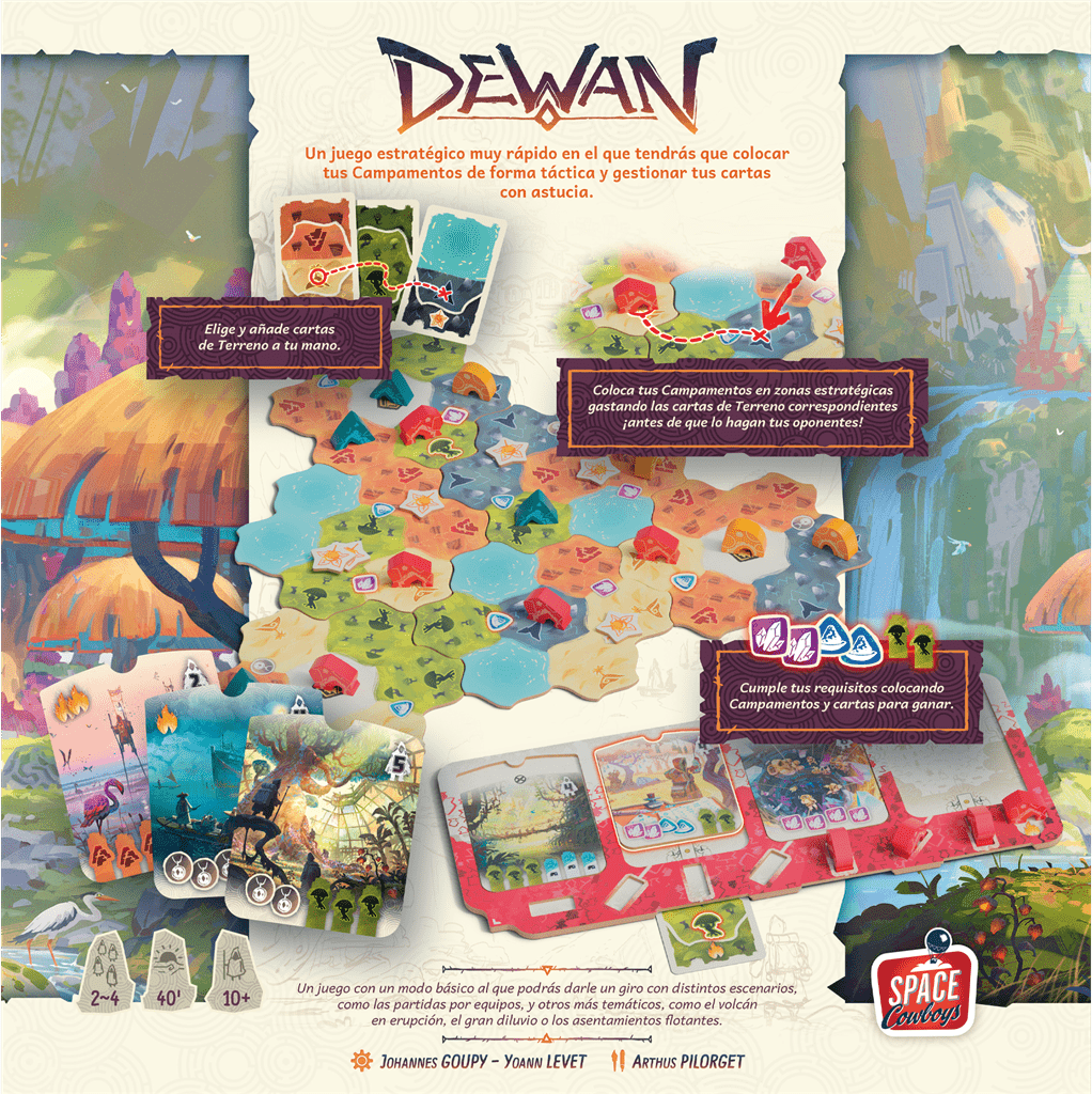 Juego de mesa Dewan con tablero hexagonal multicolor, cartas de terreno y fichas para estrategia familiar