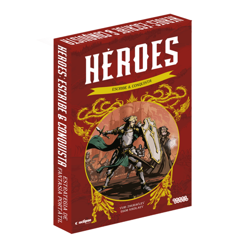Caja del juego de mesa Héroes: Escribe y Conquista con arte de guerrero en rojo