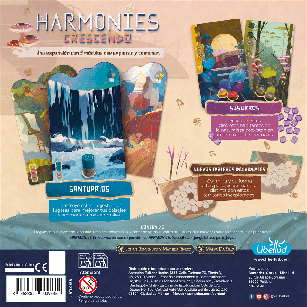 Harmonies Crescendo expansión juego de mesa trasera caja módulos Santuarios y Susurros