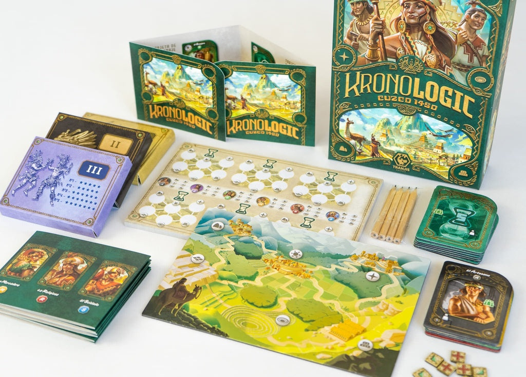 Juego de mesa Kronologic Cuzco 1450 con tablero, cartas y fichas desplegados