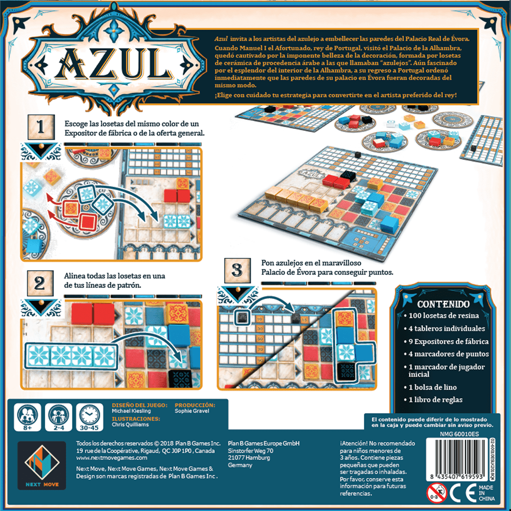 Parte trasera de la caja del juego Azul con ilustraciones de jugabilidad y componentes