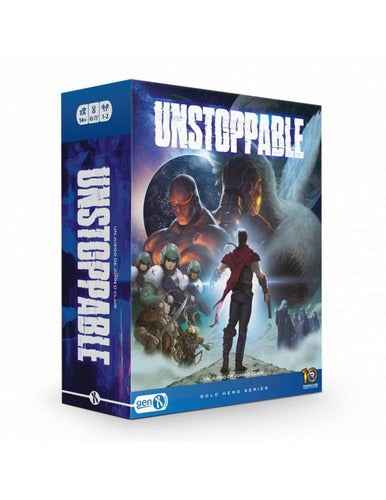 Caja juego de mesa Unstoppable ciencia ficción para 1 o 2 jugadores con arte espacial azul y morado