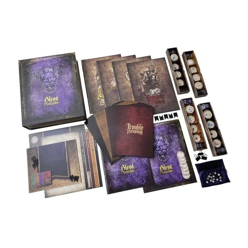 Contenido completo del juego de mesa Blood on the Clocktower con fichas, libros y componentes