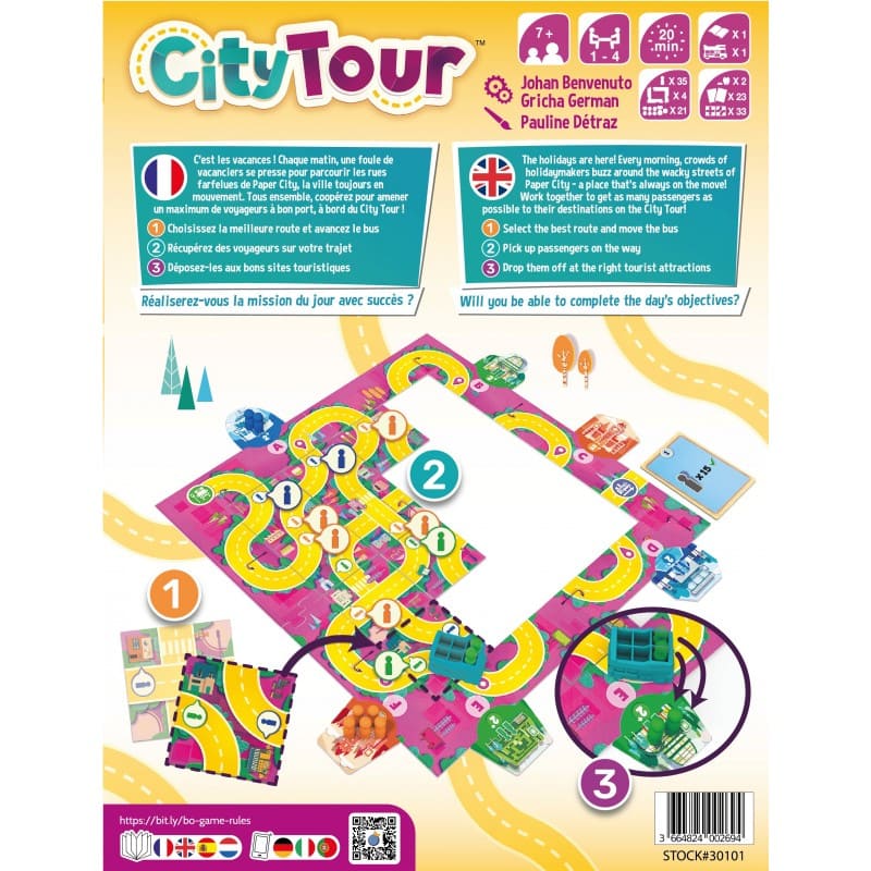 Juego de mesa City Tour: componentes, mapa de rutas y autobús turístico