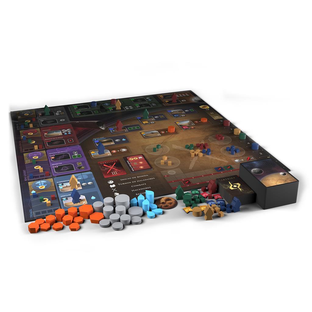 Tablero desplegado de Dune Imperium con zonas de recursos, acciones y piezas de madera multicolores para estrategia