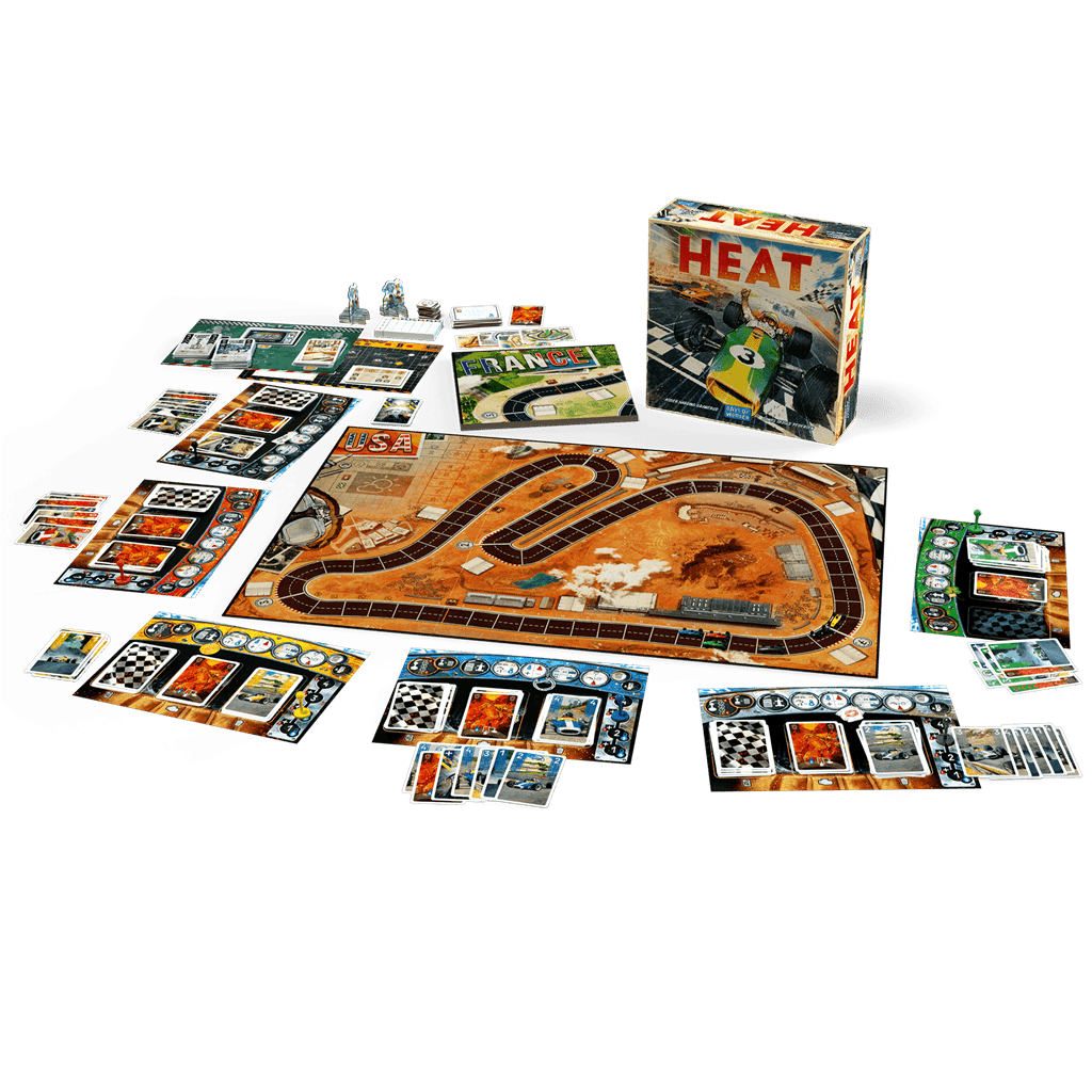 Juego de mesa Heat con tablero de circuito, cartas, fichas y componentes para carrera de coches retro