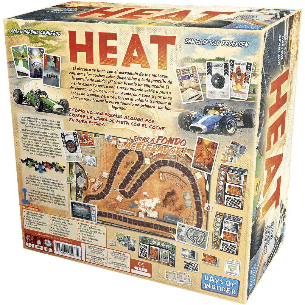 Dorso de la caja del juego Heat con detalles de contenido, edad recomendada 10+ y logotipo Days of Wonder