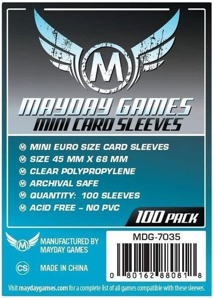 Pack de 100 fundas Mayday Games Mini Euro tamaño 45x68 mm polipropileno transparente sin PVC
