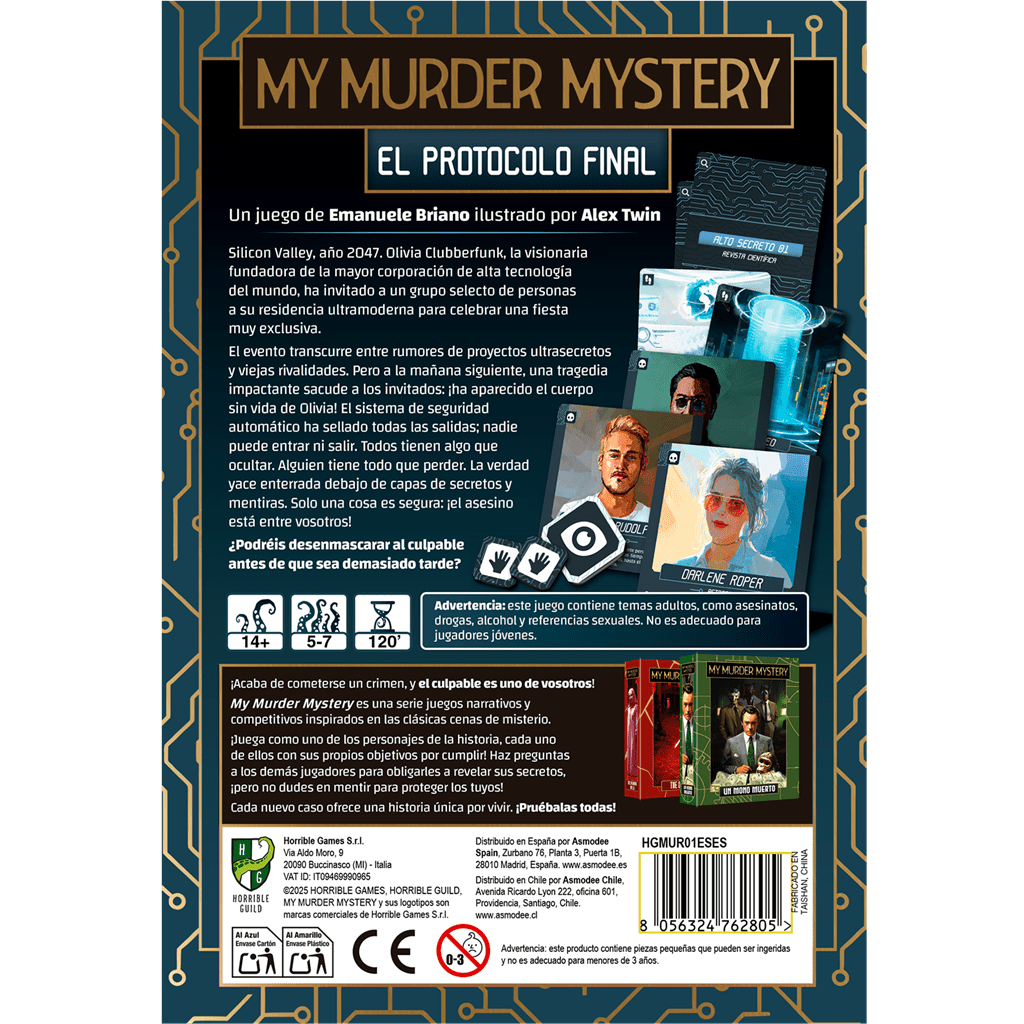 Contraportada juego de mesa My Murder Mystery El protocolo final con personajes y reglas