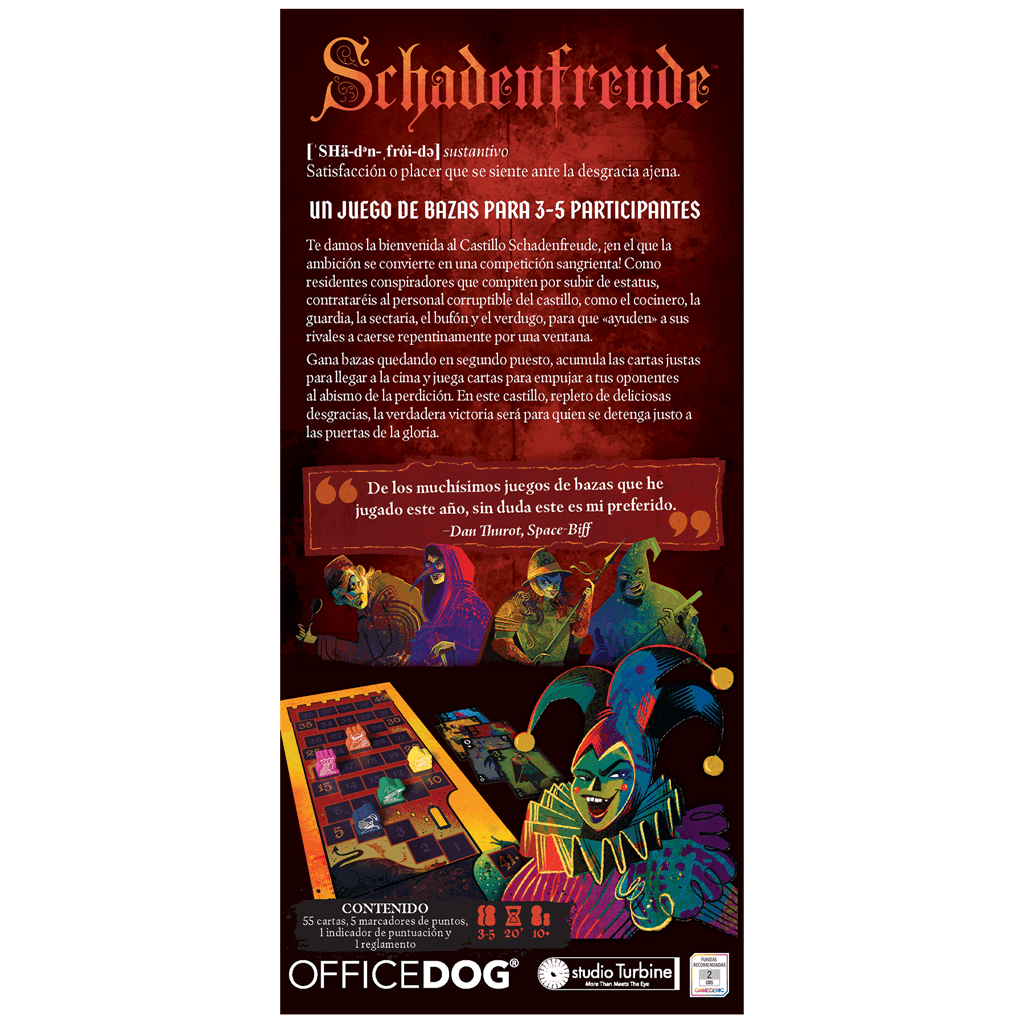 Portada del juego de cartas Schadenfreude para 3-5 jugadores