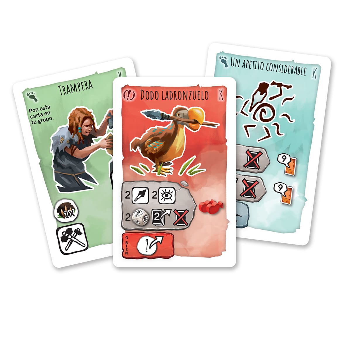 Cartas de juego Paleo Aves del Terror mostrando Dodo Ladronzuelo y Trampera