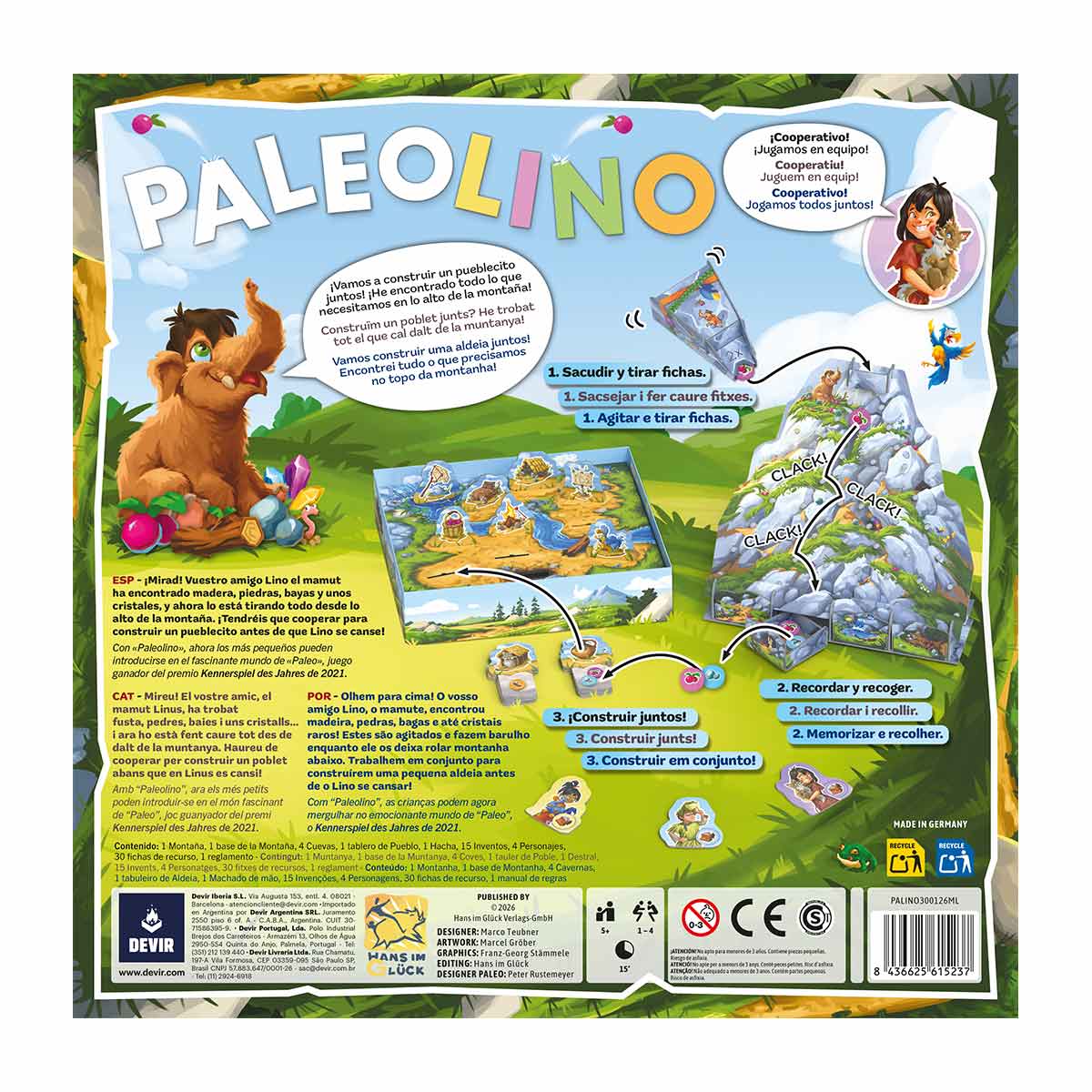 Dorso del juego Paleolino Devir, instrucciones familiares y detalles técnicos en español