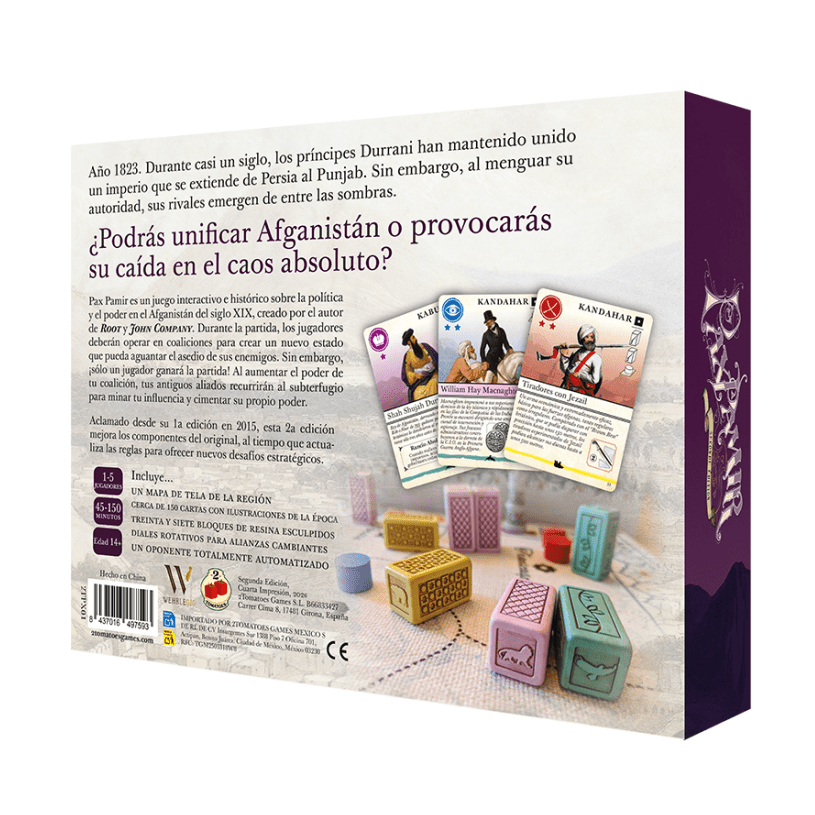 Vista trasera de la caja de Pax Pamir con componentes y cartas históricas