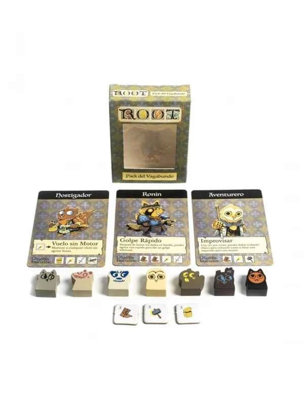 Root Caja Pack Vagabundo con siete figuras de madera personalizadas y cartas de personaje
