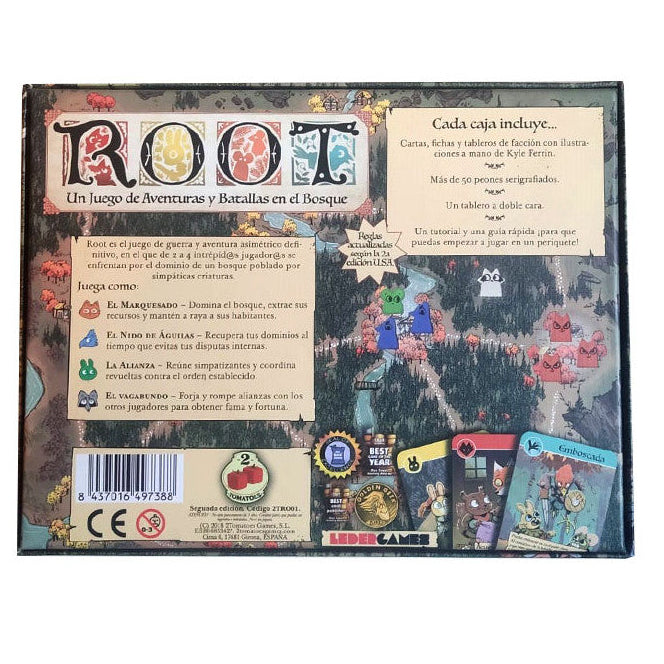 Vista trasera caja juego Root con componentes incluidos y descripción de facciones