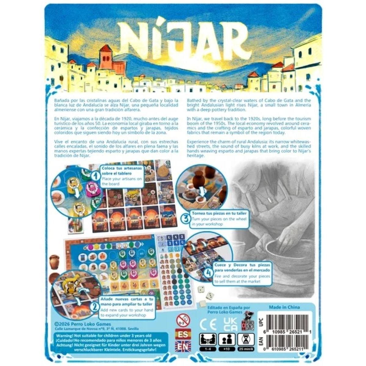 Panel trasero del juego Níjar mostrando fases de colocación de trabajadores