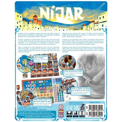 Panel trasero del juego Níjar mostrando fases de colocación de trabajadores
