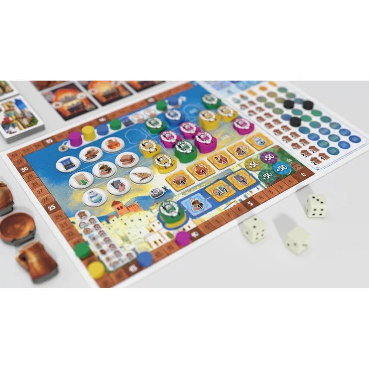 Tablero desplegado del juego de mesa Níjar con fichas, dados y tokens