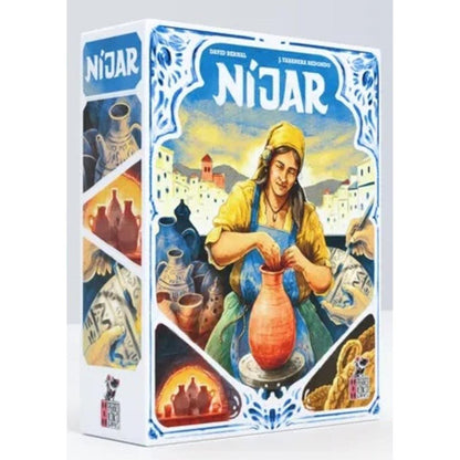 Caja del juego de mesa Níjar con ilustración de mujer alfarera y azulejos