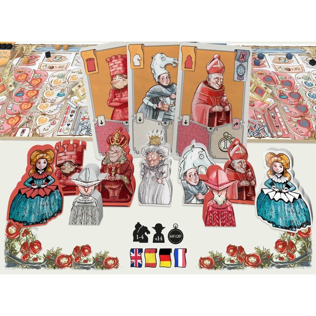Queen Alice juego de mesa euroestrategia con fichas de personaje y piezas de ajedrez