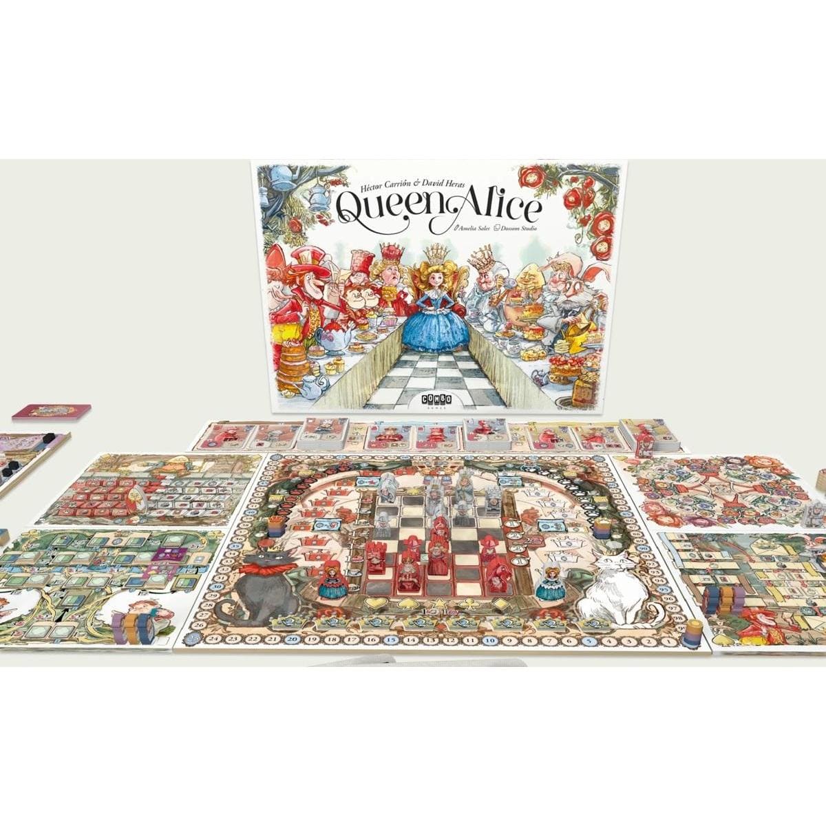 Tablero completo del juego Queen Alice con paneles laterales y marcadores