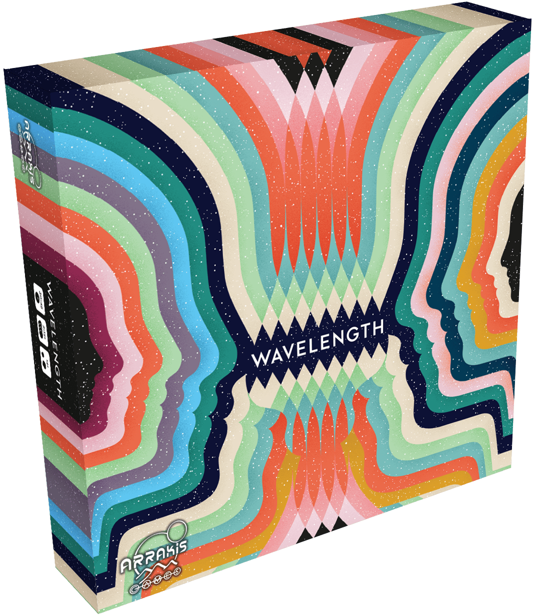 Caja del juego de mesa Wavelength con diseño multicolor y siluetas humanas