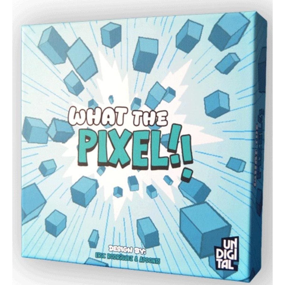 Caja del juego de mesa What the Pixel! diseño cubos azules sobre fondo blanco