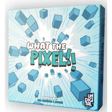 Caja del juego de mesa What the Pixel! diseño cubos azules sobre fondo blanco
