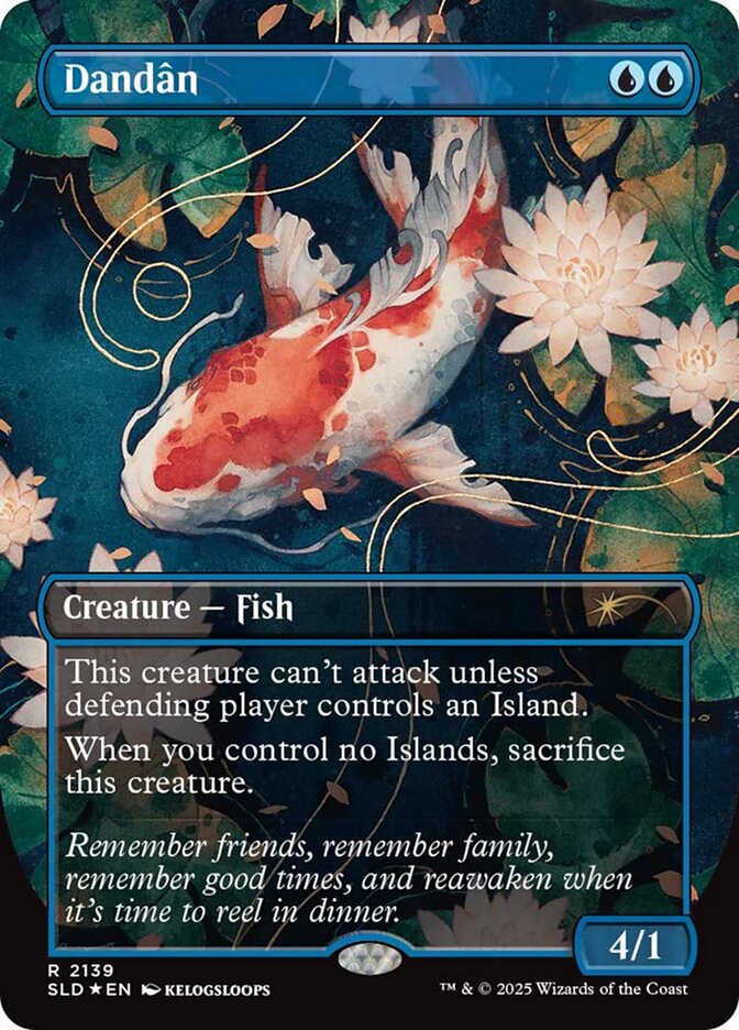 Carta Dandân de Magic: The Gathering Secret Lair con ilustración de pez koi blanco y rojo