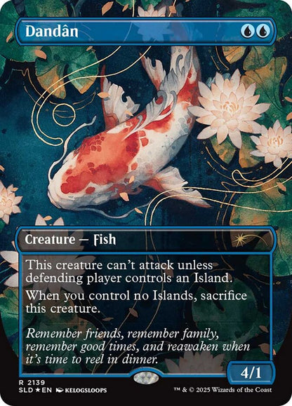Carta Dandân de Magic: The Gathering Secret Lair con ilustración de pez koi blanco y rojo