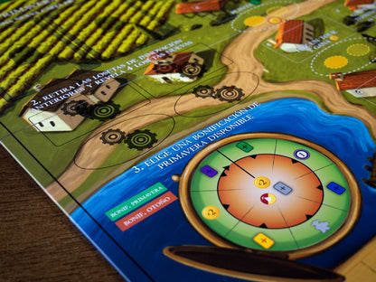 Tablero de juego con viñedos amarillos y mecanismo de bonificación de primavera