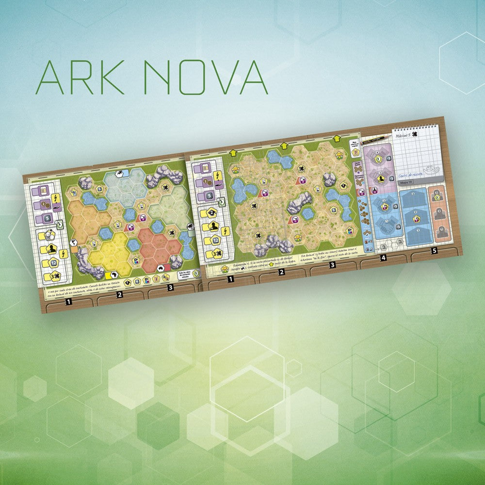 Tablero doble cara Paquete mapas N°1 Ark Nova con hexágonos y biomas