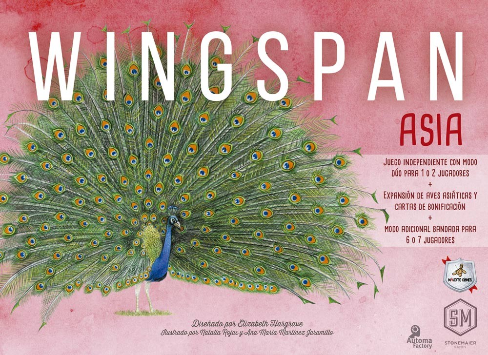Portada de Wingspan Asia con ilustración de pavo real y texto en español