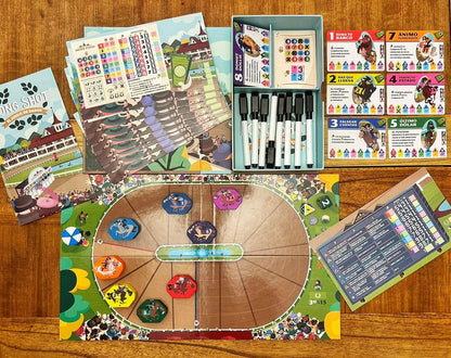 Contenido completo del juego de dados Long Shot: tablero, cartas y fichas